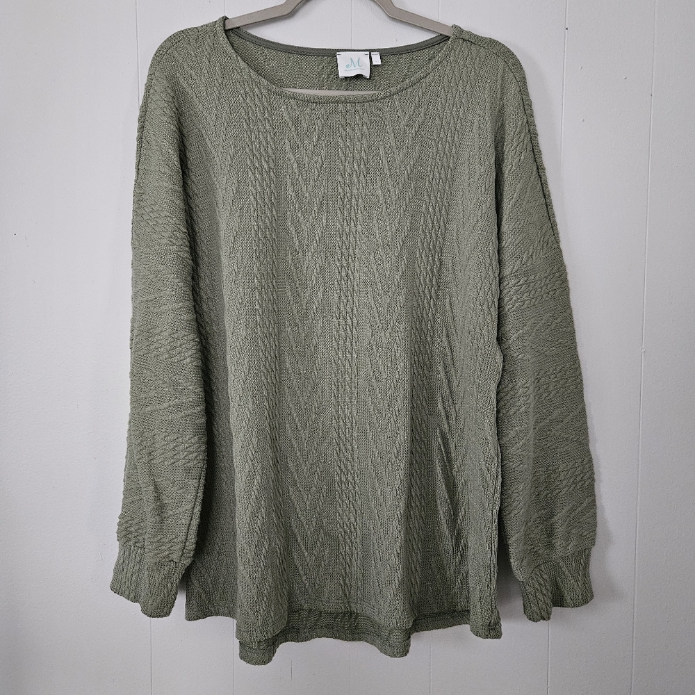 Green Cable Knit Sweater Women XL Boat Neck Tunic Long Sleeve Knit Pullover Cozy